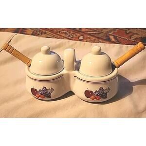 Vintage Ceramic Jam Jelly Condiment Bowl Set with 2 Spoons Fruit Design